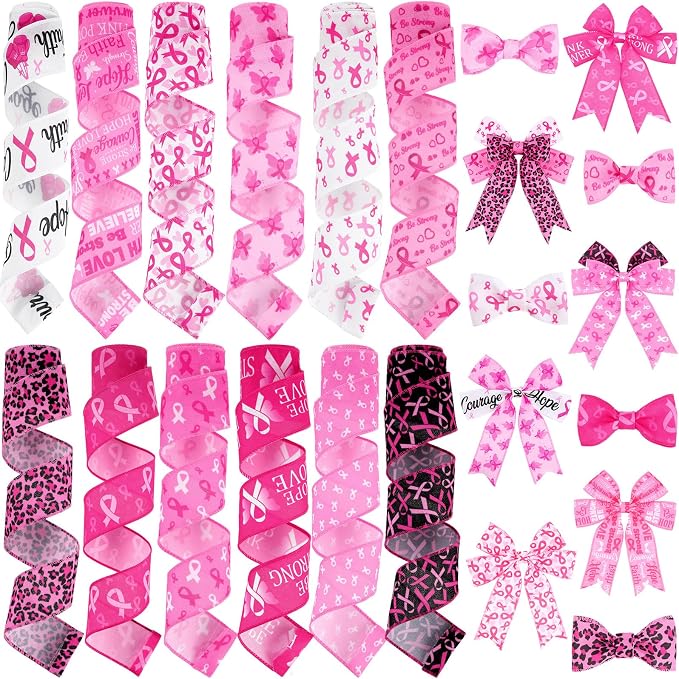 12 Rolls 60 Yards Breast Cancer Awareness Wired Edge Ribbon Pink Butterfly by Unknown
