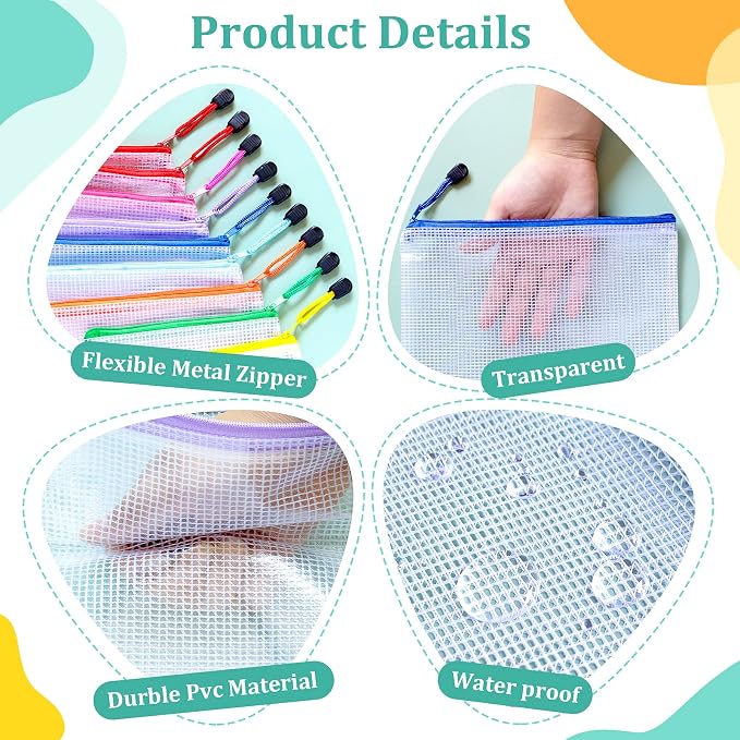 24pcs Mesh Zipper Pouch Bags, A5 9.4x7.1 Inches, 8 Colors, Organizing Pouches - Image 3