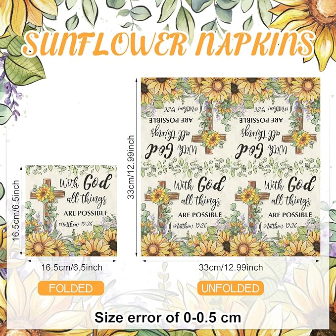 60 Pcs Sunflower Christian Cocktail Paper Napkins 6.5 x 6.5 Inches Disposable - Image 2