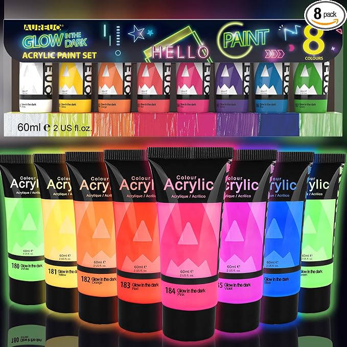 AUREUO Glow in the Dark Acrylic Paint, 8 Colors x 2 Fl Oz / 60ml Neon UV Black by AUREUO