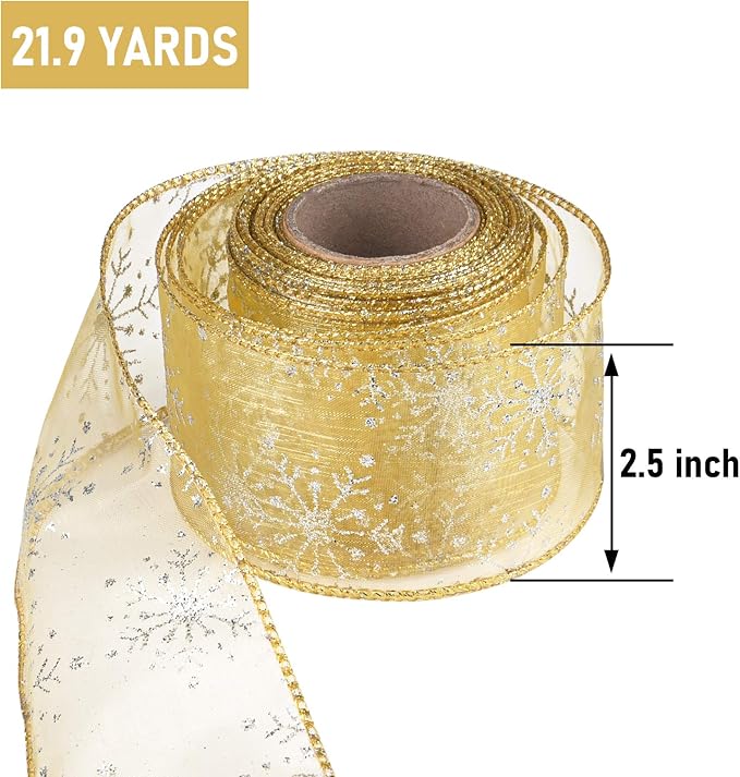 2.5 Inch Wide Christmas Wired Ribbon Snowflake Organza Sheer Glitter Ribbon - Image 2