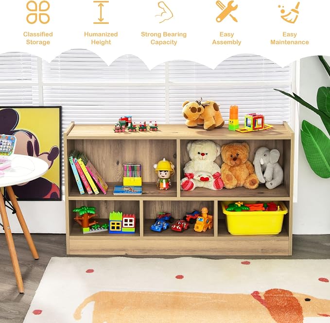 KOTEK Kids Storage Organizer, 5 Cubby Kids Bookshelf, Wooden 2-Layer Bookcase - Image 9