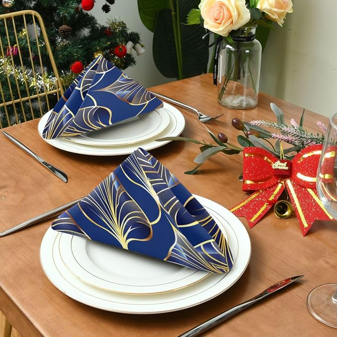 ALAZA Art Deco Floral Royal Blue & Gold Cloth Napkins Set of 4, 20x20 Inch - Image 6