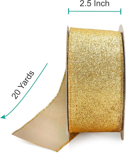 CT CRAFT LLC Glitter Wired Ribbon 2.5" x 20 Yards Yellow Gold - Image 2