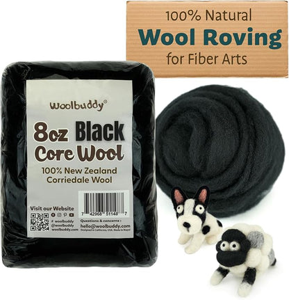 Woolbuddy Needle Felting Wool – 8oz Chunky Wool Roving in Black, Felting Wool by Woolbuddy