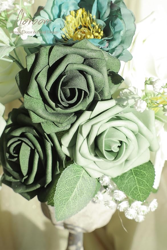 Floroom Artificial Flowers 25pcs Real Looking Sage Green & Emerald Green Foam - Image 3