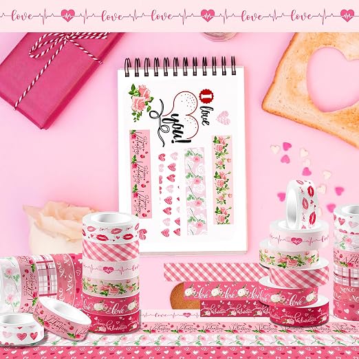 12 Rolls Pink Heart Washi Tape Set, Valentine's Day Love Heart Masking Tape - Image 6