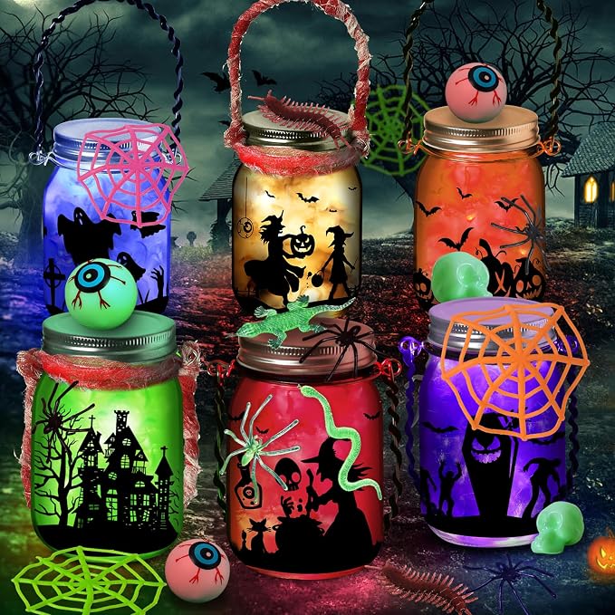 Halloween Crafts Activities for Kids Ages 4-12, 6 Pack Glass Mason Jar for by OCHIDO