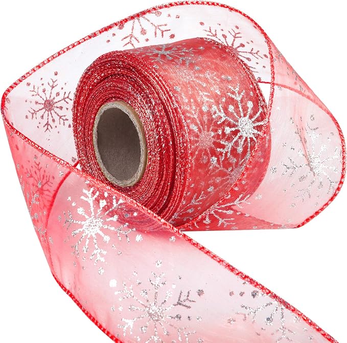 2.5 Inch Wide Christmas Wired Ribbon Snowflake Organza Sheer Glitter Ribbon by Livder