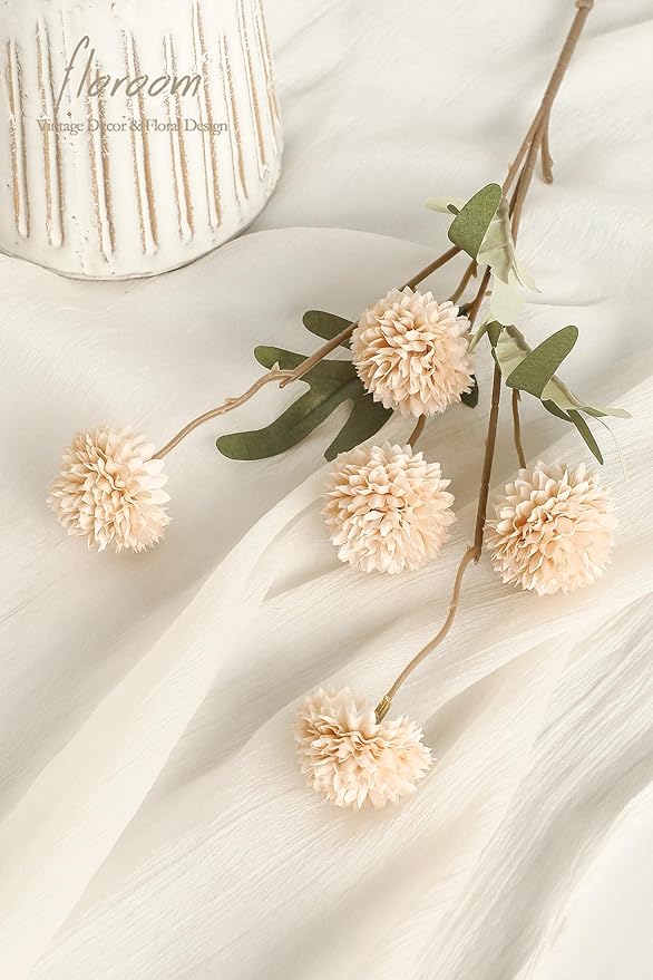 Floroom 5pcs Beige Faux Silk Mums Artificial Flowers, Bulk Fake Small Mini - Image 3