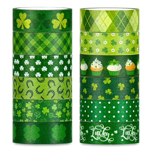 Whaline 12 Rolls St. Patrick's Day Washi Tape Green Shamrock Washi Masking Tape by Whaline