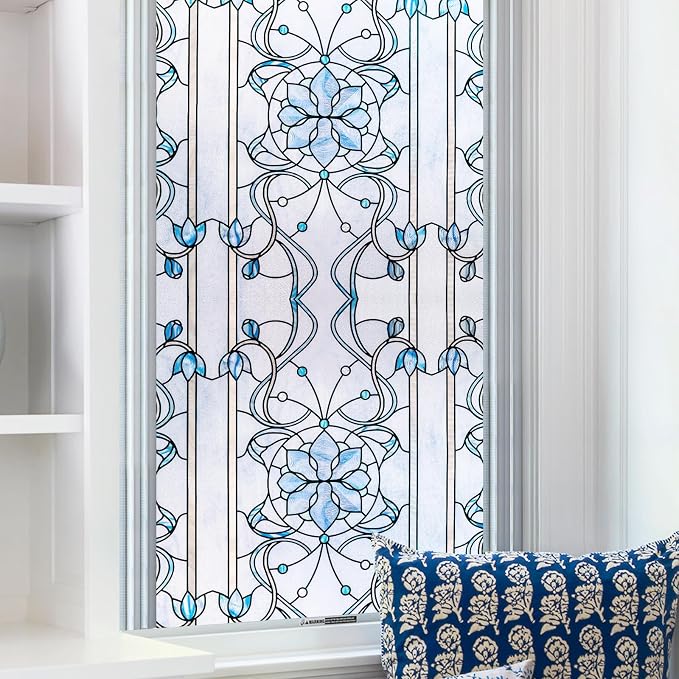 3D Stained Glass Window Privacy Film, Heat Control UV Blocking Static Cling by OHTMERU