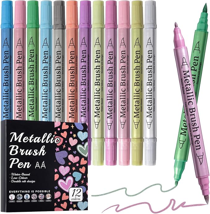 12 Pack Metallic Markers, Dual Tip Glitter Pens by Prudiut