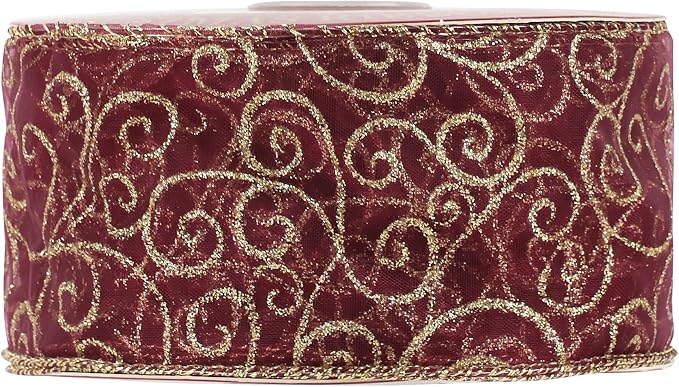 MEEDEE Red Gold Swirl Wired Ribbon 2.5 Inch Dark Red Sheer Ribbon - Image 8