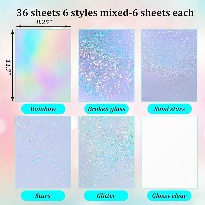 36 Sheets Holographic Sticker Paper Waterproof 8.5" x11'' Clear Vinyl Sticker - Image 3