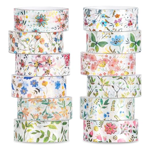 Whaline 12 Rolls Spring Floral Washi Tape Foil Gold Colorful Flowers Masking by Whaline