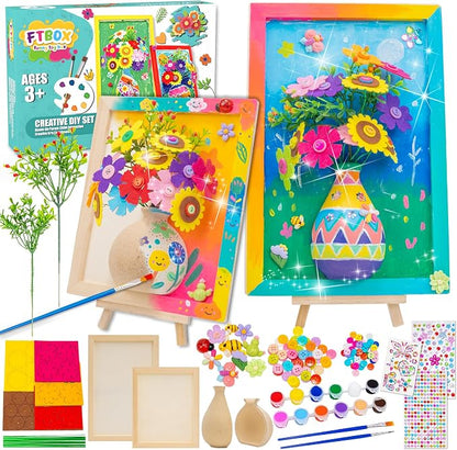 Crafts Gift for Girls, DIY 3D Felt Flowers Wooden Vase Picture Frame Painting by FTBox
