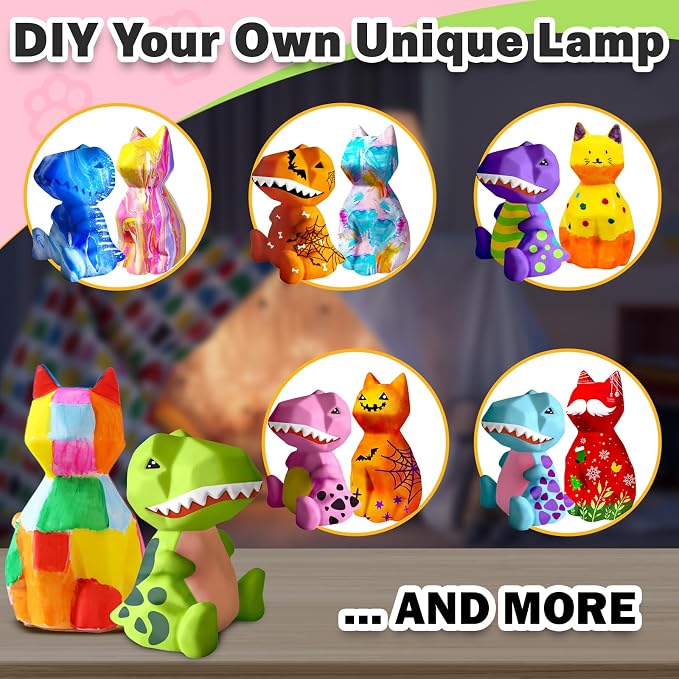 FUNZBO 2Pcs Paint Your Own Dinosaur & Cat Lamp - Image 6