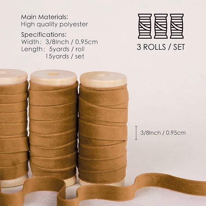 Vitalizart Khaki Velvet Ribbon Set 3/8" x 15 Yd Fall Ribbon Fabric Trim 3 Rolls - Image 2