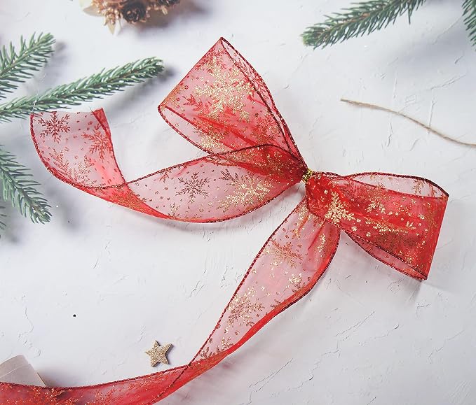 CT CRAFT LLC Organza with Red Glitter Snowflakes Wired Ribbon 2.5 inch x 50 - Image 2