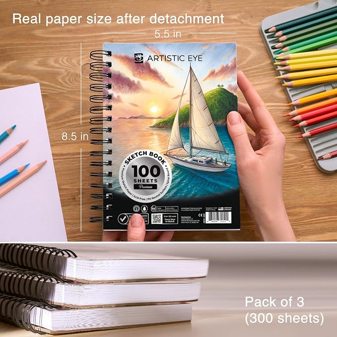 ARTISTIC EYE 5.5X8.5” Premium Sketch Book Set, Spiral Bound, Acid-Free Drawing - Image 2