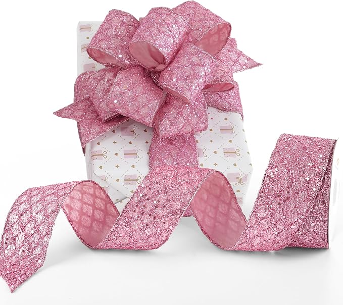 HUIHUANG Pink Glitter Wired Ribbon by HUIHUANG