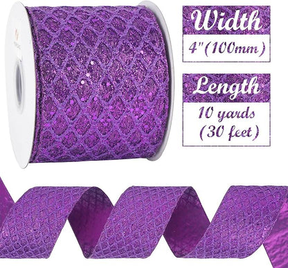 HUIHUANG Purple Wired Christmas Ribbon 4 inch Purple Glitter Wired Ribbon - Image 3