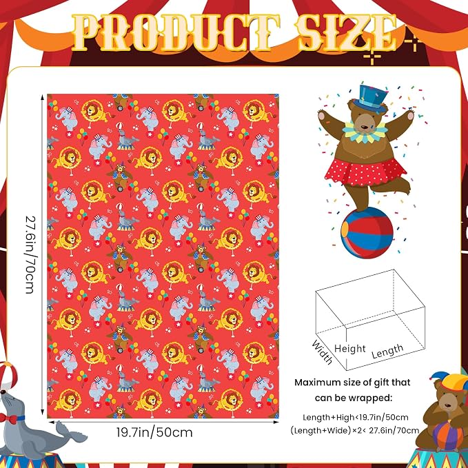 Pineraap 12 Sheets Circus Wrapping Paper, Cute Circus Acrobatic Clown Ferris - Image 2