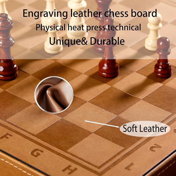 Chess Set Board for Kids & Adults, Portable Folding Leather Chess Boards - Image 3
