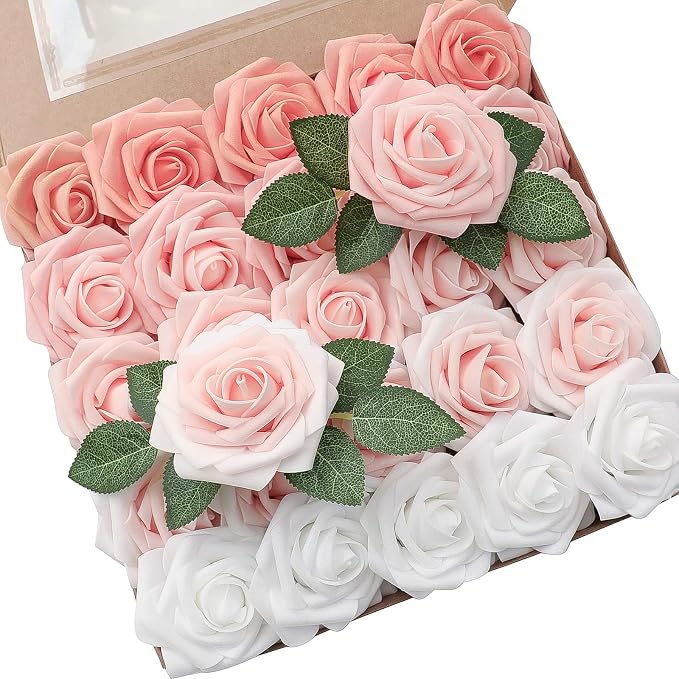 Floroom Artificial Flowers 25pcs Real Looking Blush Ombre Colors Foam Fake Roses by Floroom