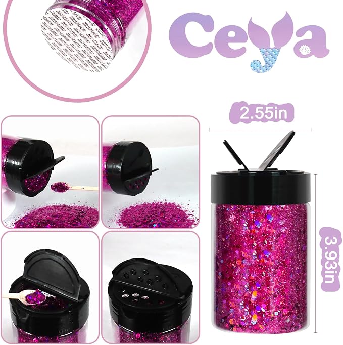 Ceya Holographic Chunky Glitter, 4.9oz/ 140g Fuchsia Craft Glitter Powder Mixed - Image 4