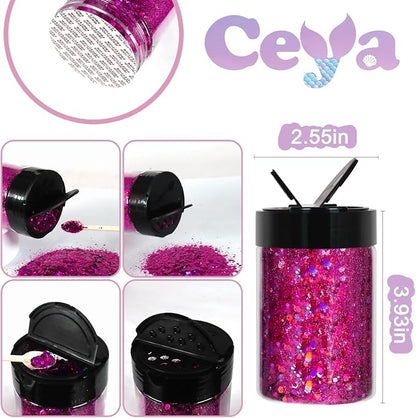 Ceya Holographic Chunky Glitter, 4.9oz/ 140g Fuchsia Craft Glitter Powder Mixed - Image 4