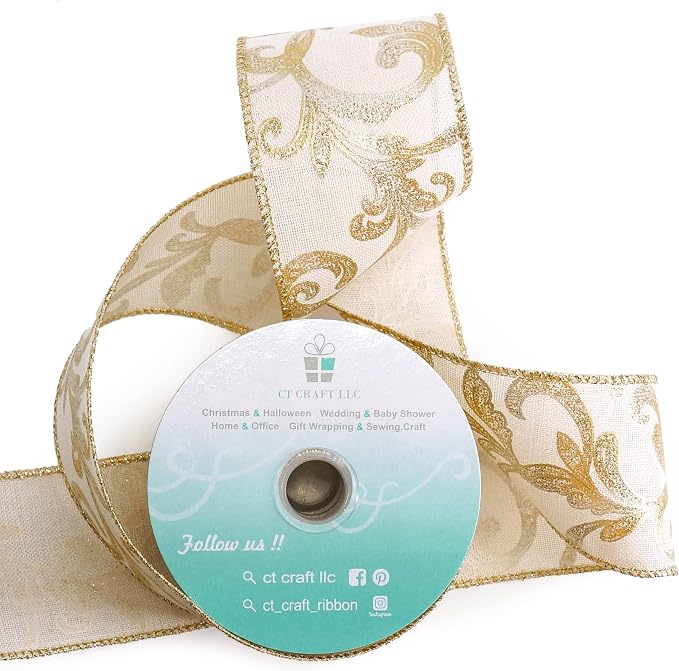 CT CRAFT LLC Tan Burlap Gold Swirl Wired Ribbon 2.5 Inch x 10 Yards - Image 2