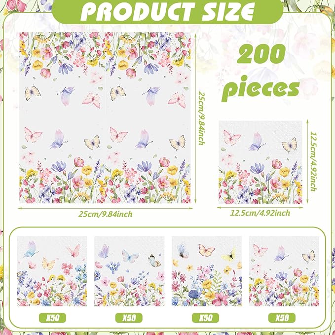 Fulmoon 200 Pieces Summer Floral Cocktail Napkins Disposable Wildflower Dessert - Image 3