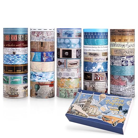 38 Rolls Vintage Washi Tape Set, Vintage Travel Stamp Map Scenery Art Letter - Image 2
