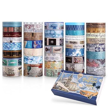 38 Rolls Vintage Washi Tape Set, Vintage Travel Stamp Map Scenery Art Letter - Image 2