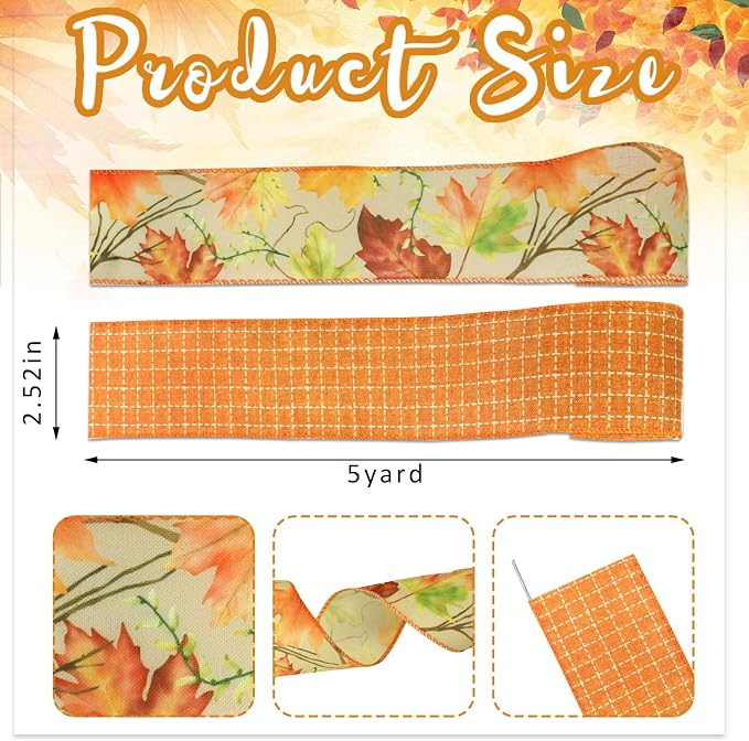 Threetols 2 Rolls 10 Yards Fall Wired Edge Ribbons, 2.5inch Orange Plaid Burlap - Image 2