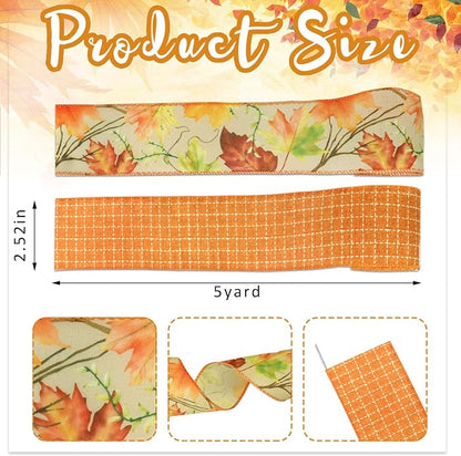 Threetols 2 Rolls 10 Yards Fall Wired Edge Ribbons, 2.5inch Orange Plaid Burlap - Image 2