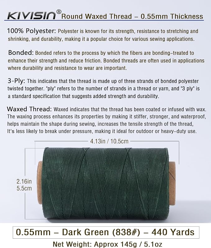 Round Waxed Polyester Thread 0.55mm, 440 Yards, Dark Green, Stiff 3 Ply Leather - Image 2