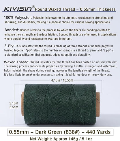 Round Waxed Polyester Thread 0.55mm, 440 Yards, Dark Green, Stiff 3 Ply Leather - Image 2
