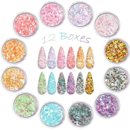 Allstarry 12 Colors Mermaid Nail Chunky Glitter Ultra-Thin Fluorescent Glass - Image 2
