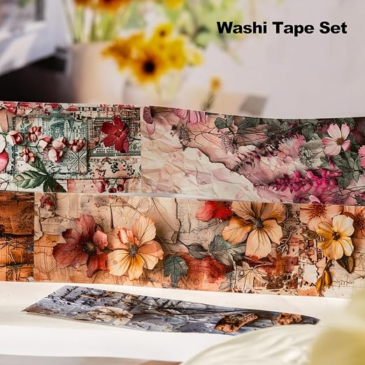 Vintage Floral Washi Tape Set – 6 Rolls, 2M Non-Repeating Flower Collage Designs - Image 3