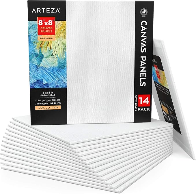 ARTEZA Canvas Panels 8x8 Inch, 100% Cotton, 12.3 oz Primed, 7 oz Unprimed by ARTEZA
