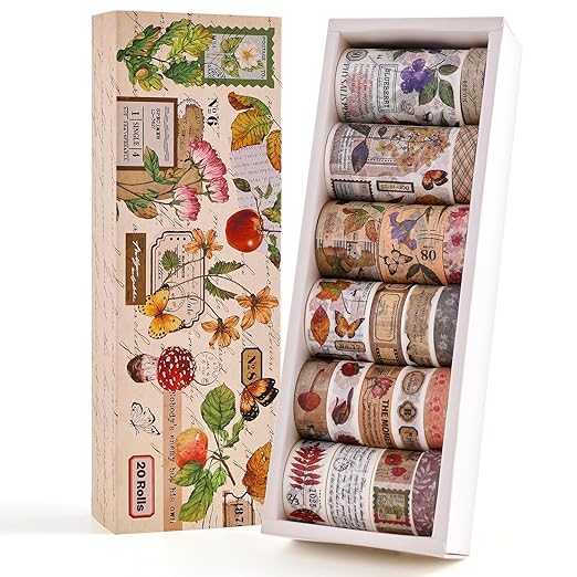 20 Rolls Vintage Washi Tape Set, Floral Letter Butterfly Mushroom Botanical by emmoolife