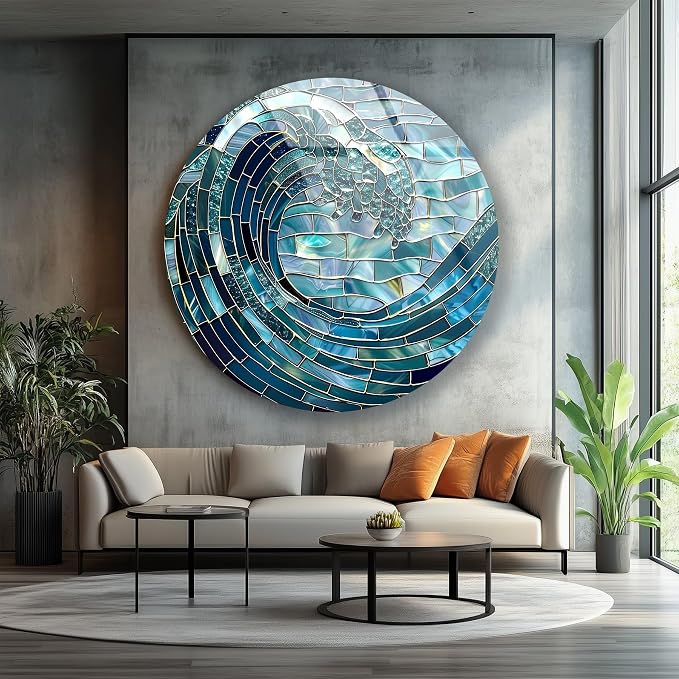 My Photostation.com 31.5'' Diameter Ocean Wave in Blue Mosaic Round Glass Wall by MyPhotostation