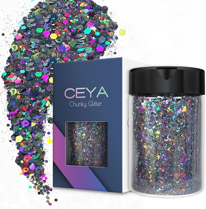 Ceya Holographic Chunky Glitter, 4.9oz/ 140g Silver Grey Craft Glitter Powder by CEYA