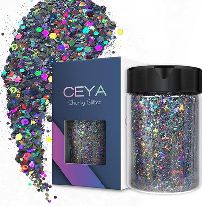 Ceya Holographic Chunky Glitter, 4.9oz/ 140g Silver Grey Craft Glitter Powder by CEYA
