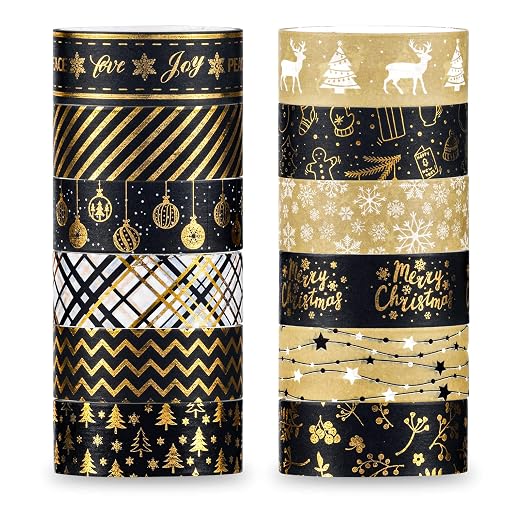 Whaline 12 Rolls Christmas Washi Tape Black Gold Xmas Washi Masking Tape Foil by Whaline
