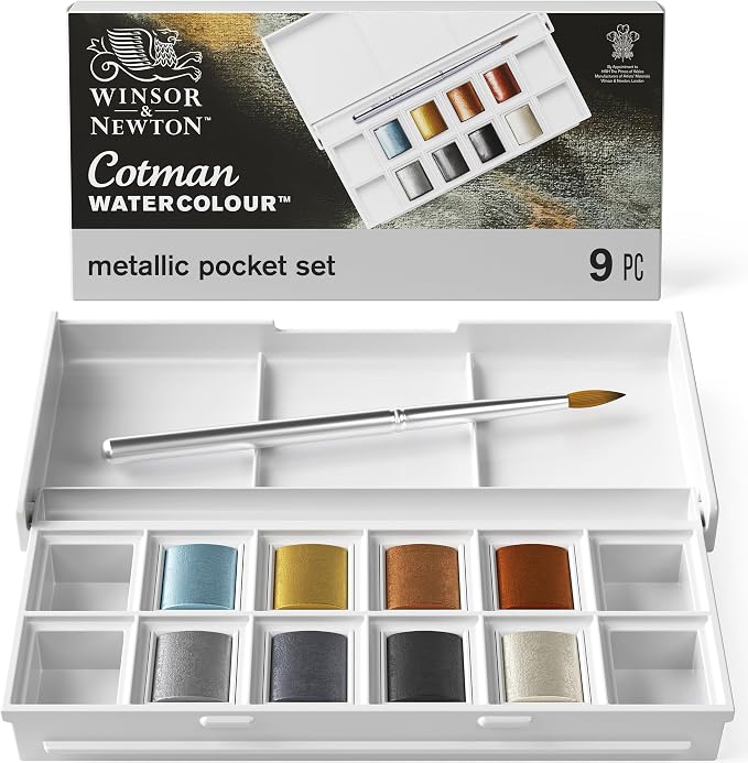 Winsor & Newton Cotman Watercolor Paint Set, 8 Half Pan, Metallic Colors w/ by WinsorNewton