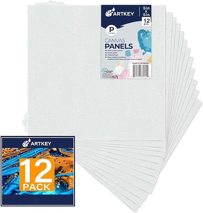Artkey Canvas Boards 5x5 Inch 12-Pack, 10 oz Primed 100% Cotton White Blank by Artkey